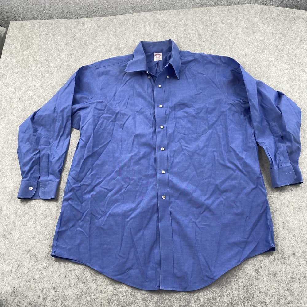 Brooks Brothers Shirt Mens 17.5 Blue Solid Classic Fit Non Iron Dress *STAIN*